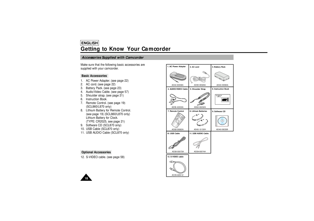 Samsung SCL810 manual Accessories Supplied with Camcorder, Basic Accessories, Optional Accessories 