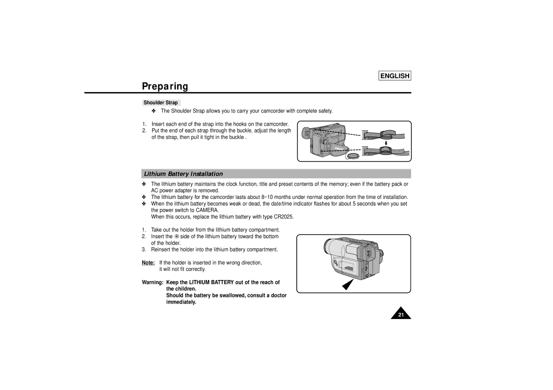 Samsung SCL810 manual Lithium Battery Installation, Shoulder Strap 