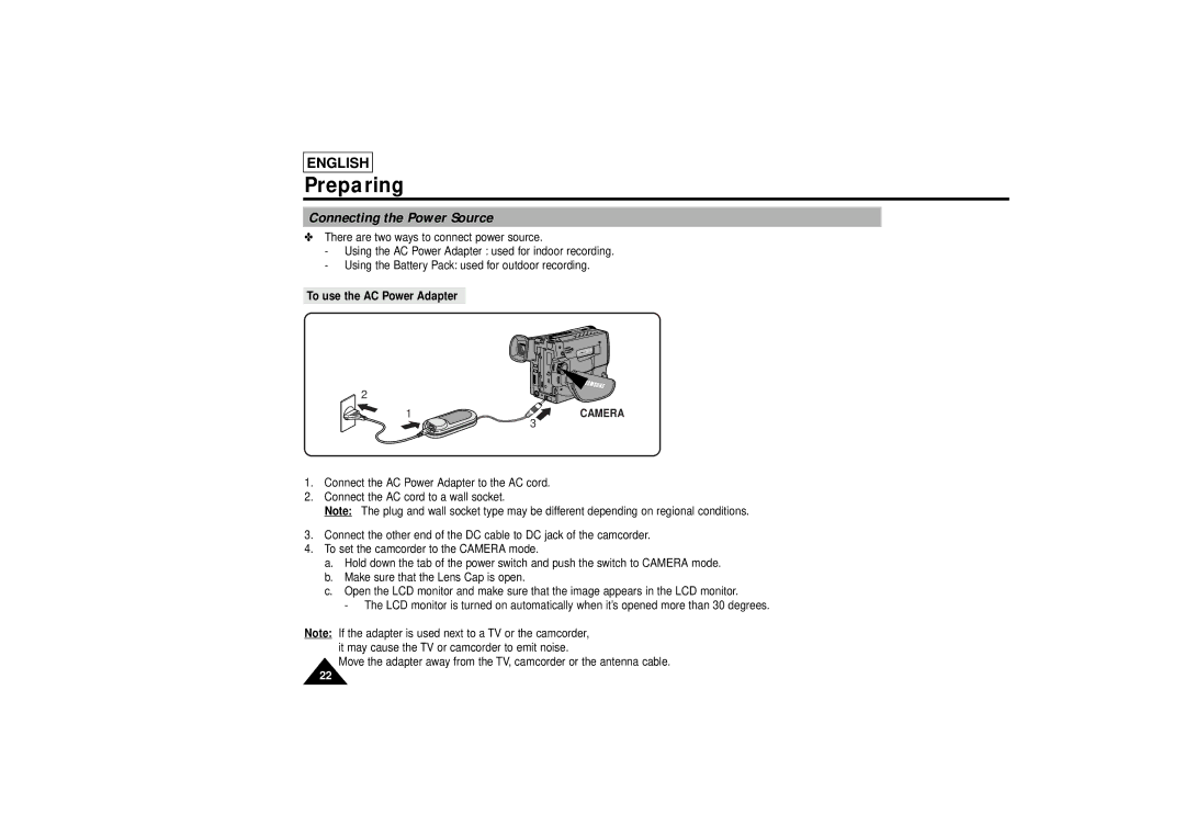 Samsung SCL810 manual Connecting the Power Source, To use the AC Power Adapter 