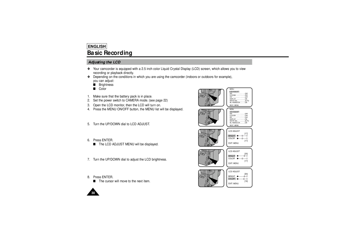 Samsung SCL810 manual Adjusting the LCD 