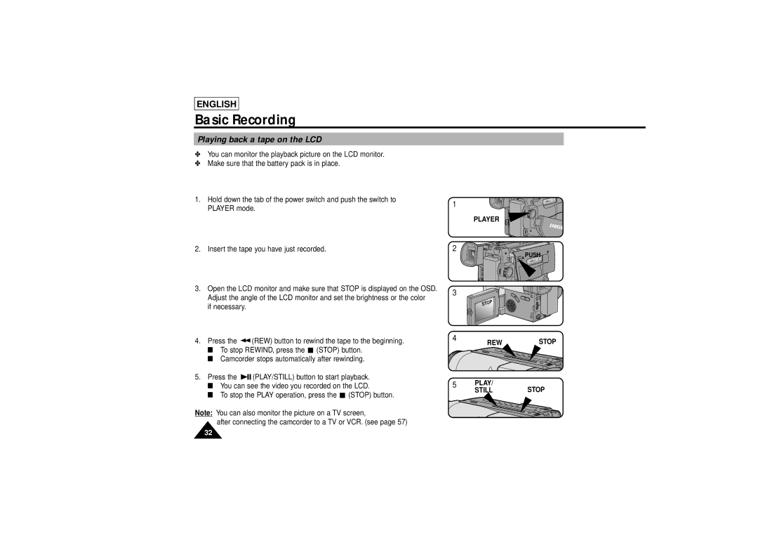 Samsung SCL810 manual Playing back a tape on the LCD, Player, Rew, Still 