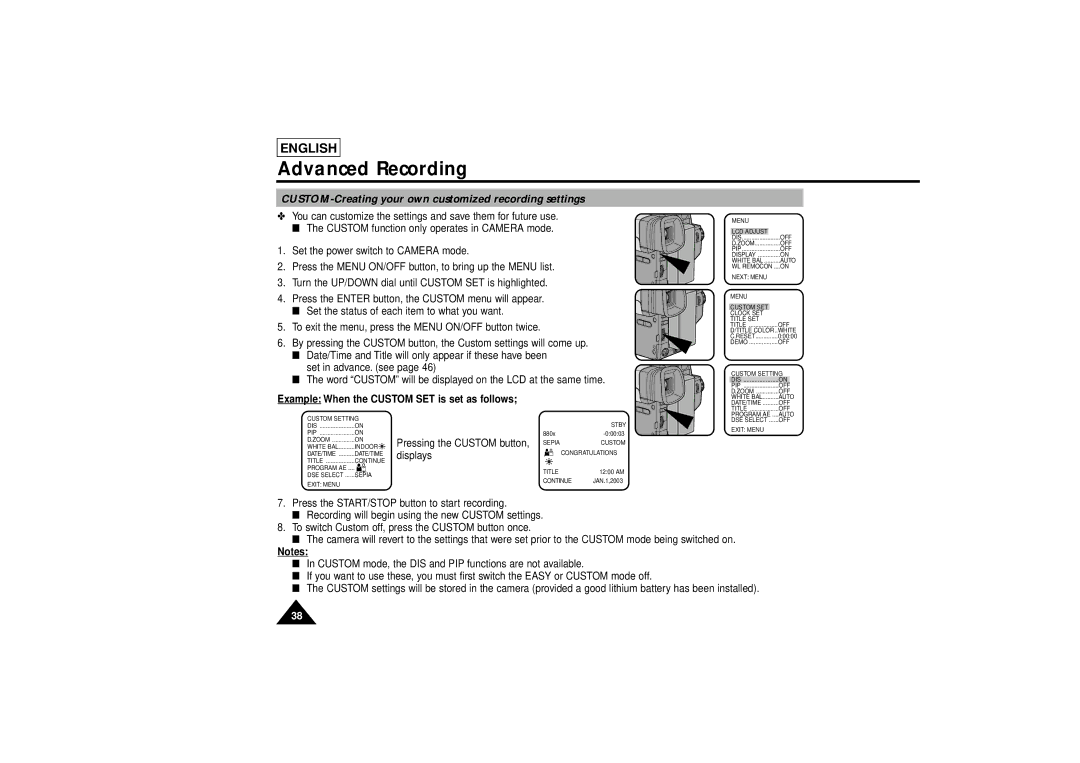 Samsung SCL810 manual CUSTOM-Creating your own customized recording settings, Example When the Custom SET is set as follows 