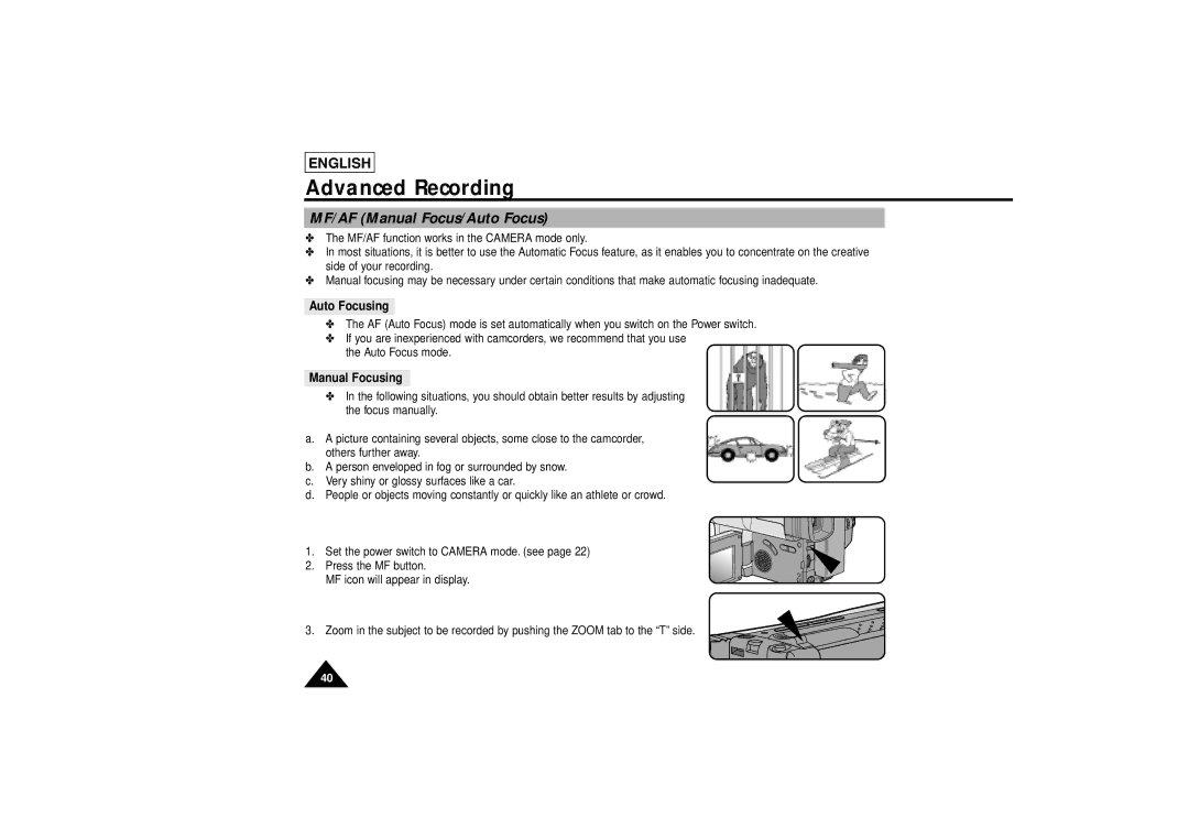 Samsung SCL810 manual Auto Focusing, Manual Focusing 