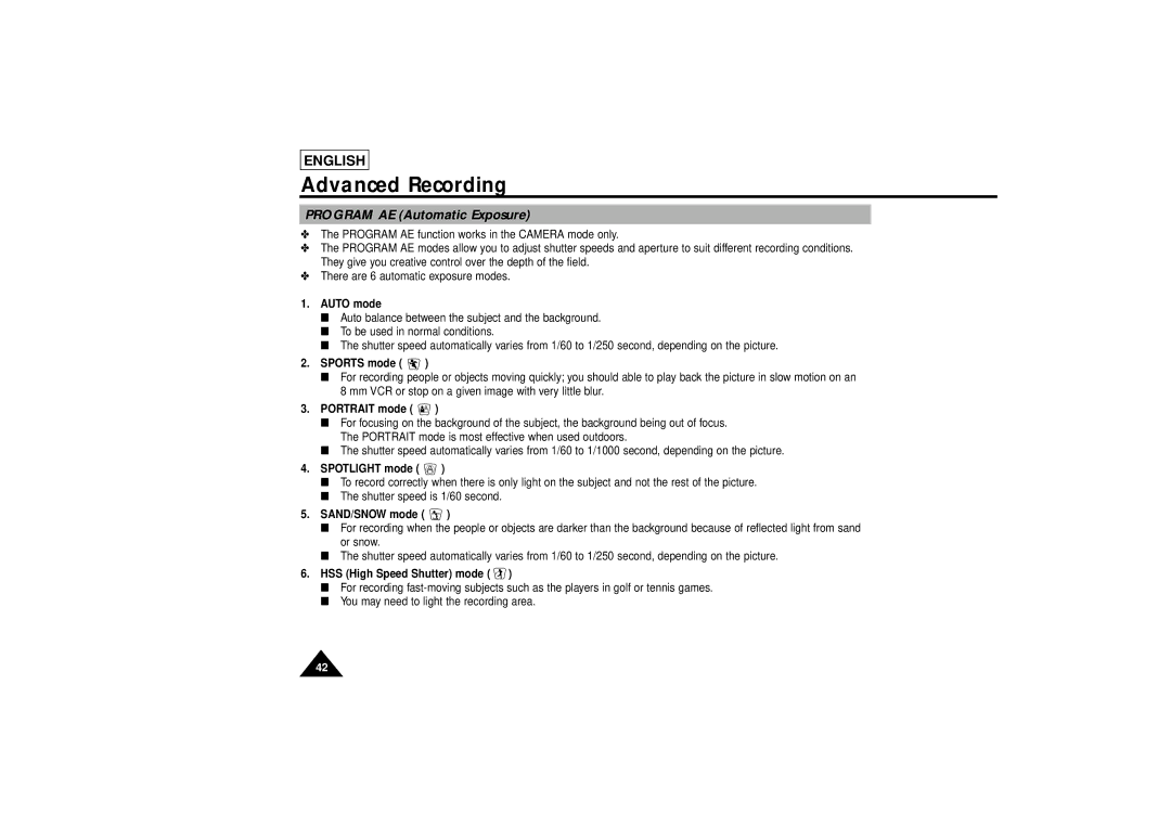 Samsung SCL810 manual Program AE Automatic Exposure 