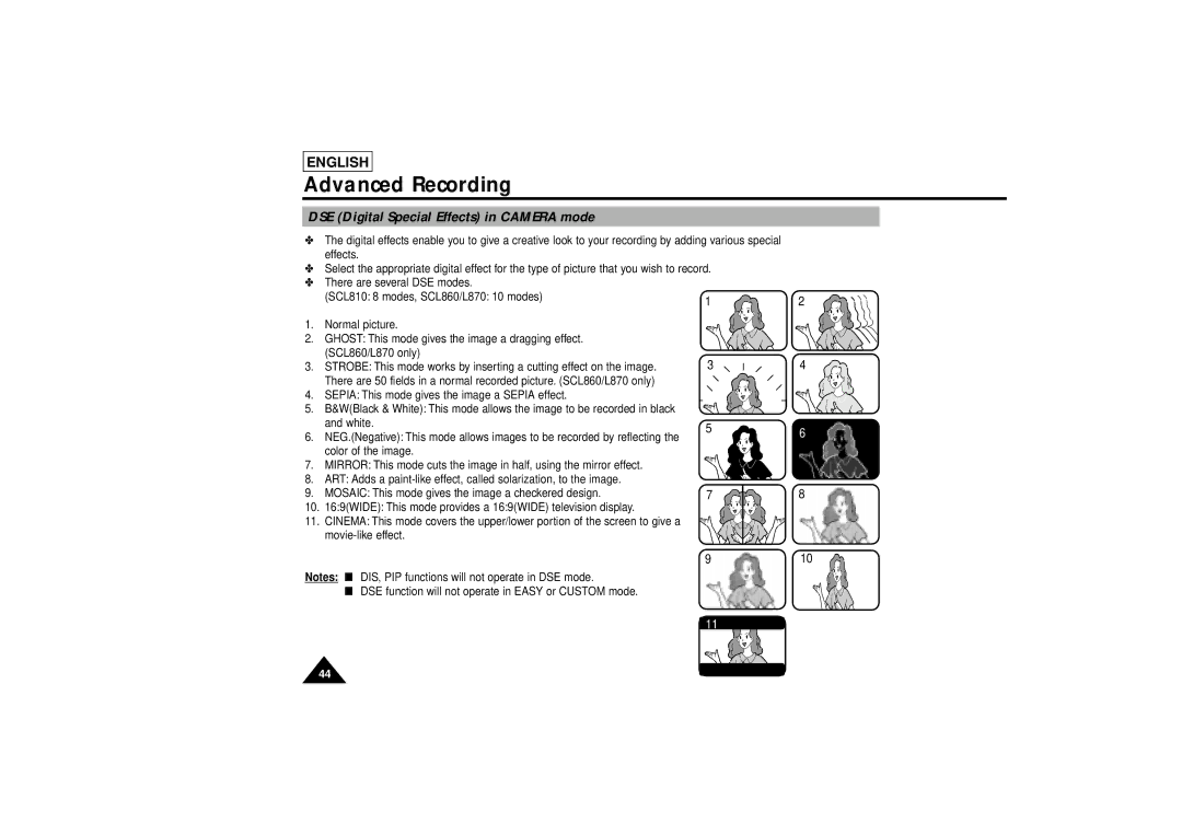 Samsung SCL810 manual DSE Digital Special Effects in Camera mode 