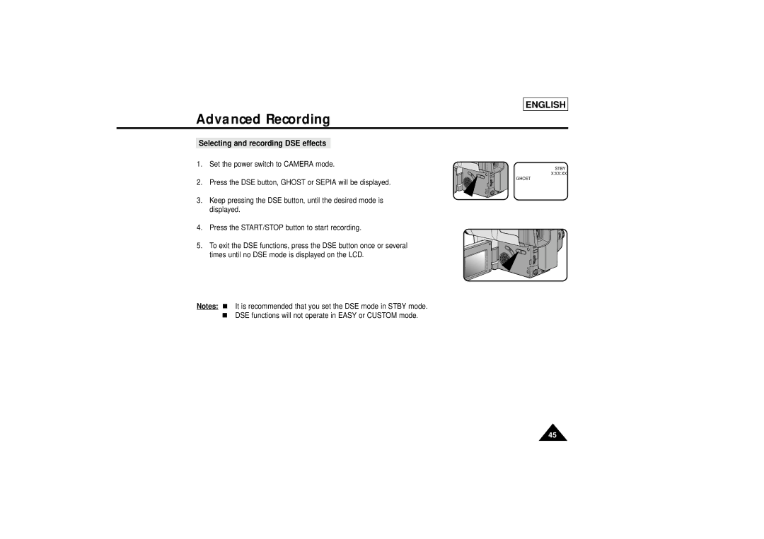 Samsung SCL810 manual Selecting and recording DSE effects 