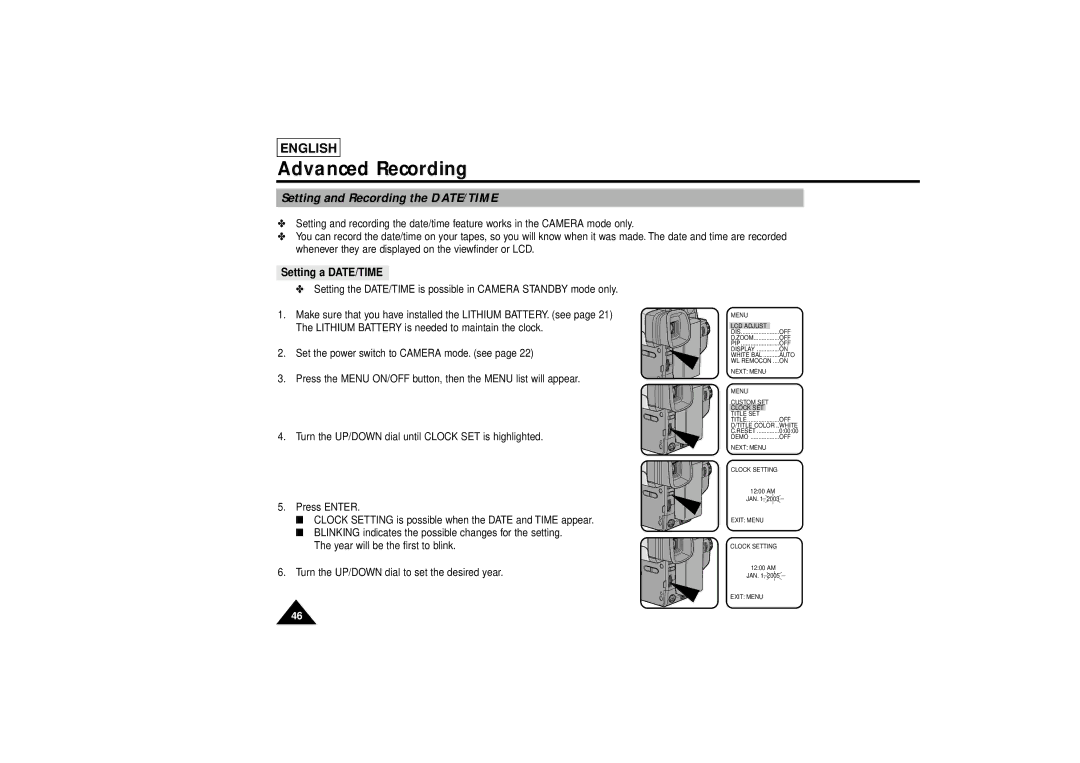 Samsung SCL810 manual Setting and Recording the DATE/TIME, Setting a DATE/TIME 