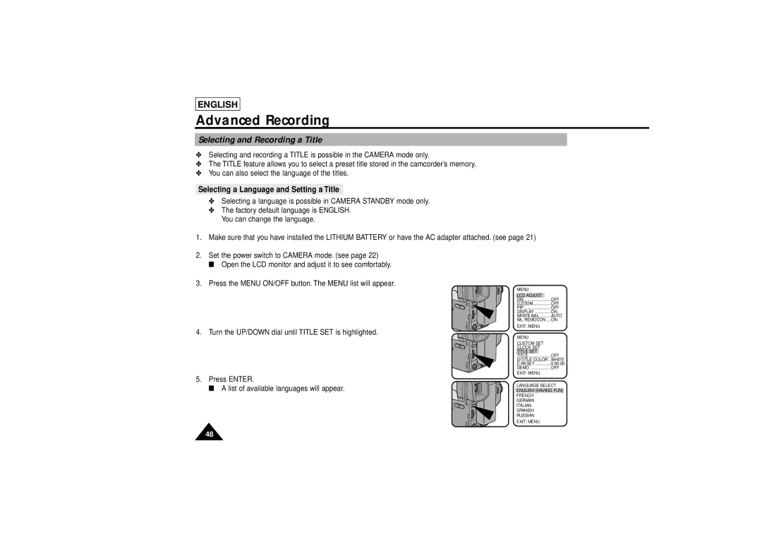 Samsung SCL810 manual Selecting and Recording a Title, Selecting a Language and Setting a Title 