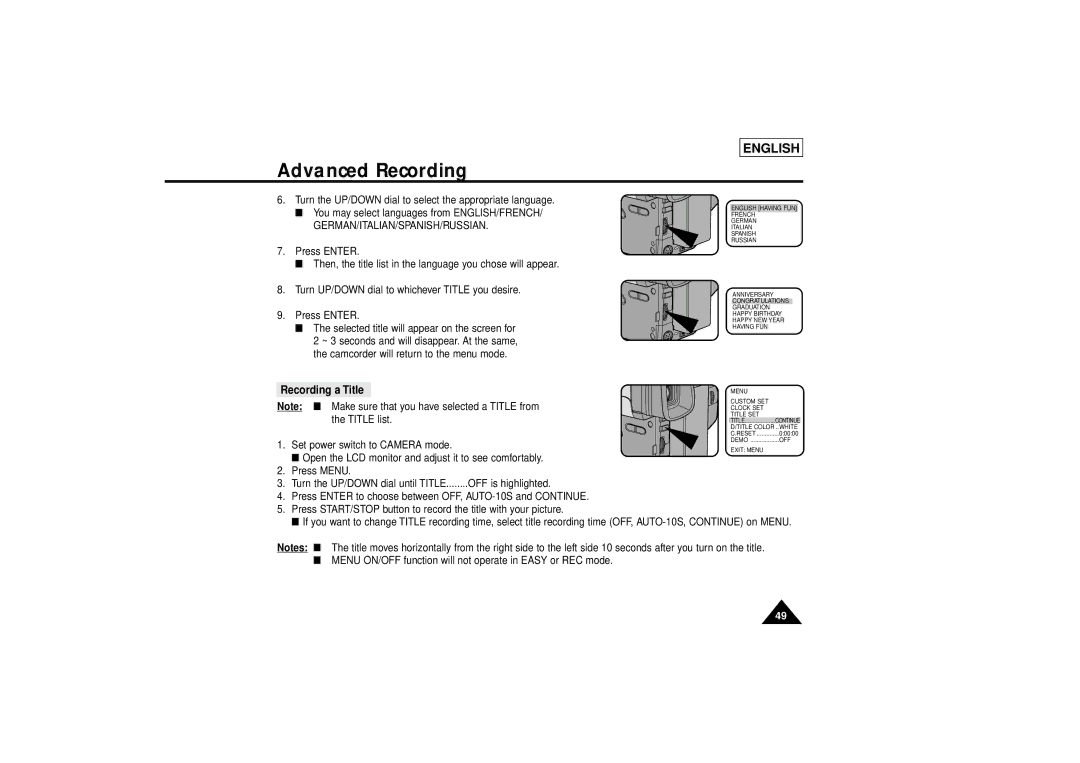 Samsung SCL810 manual Recording a Title, German/Italian/Spanish/Russian 