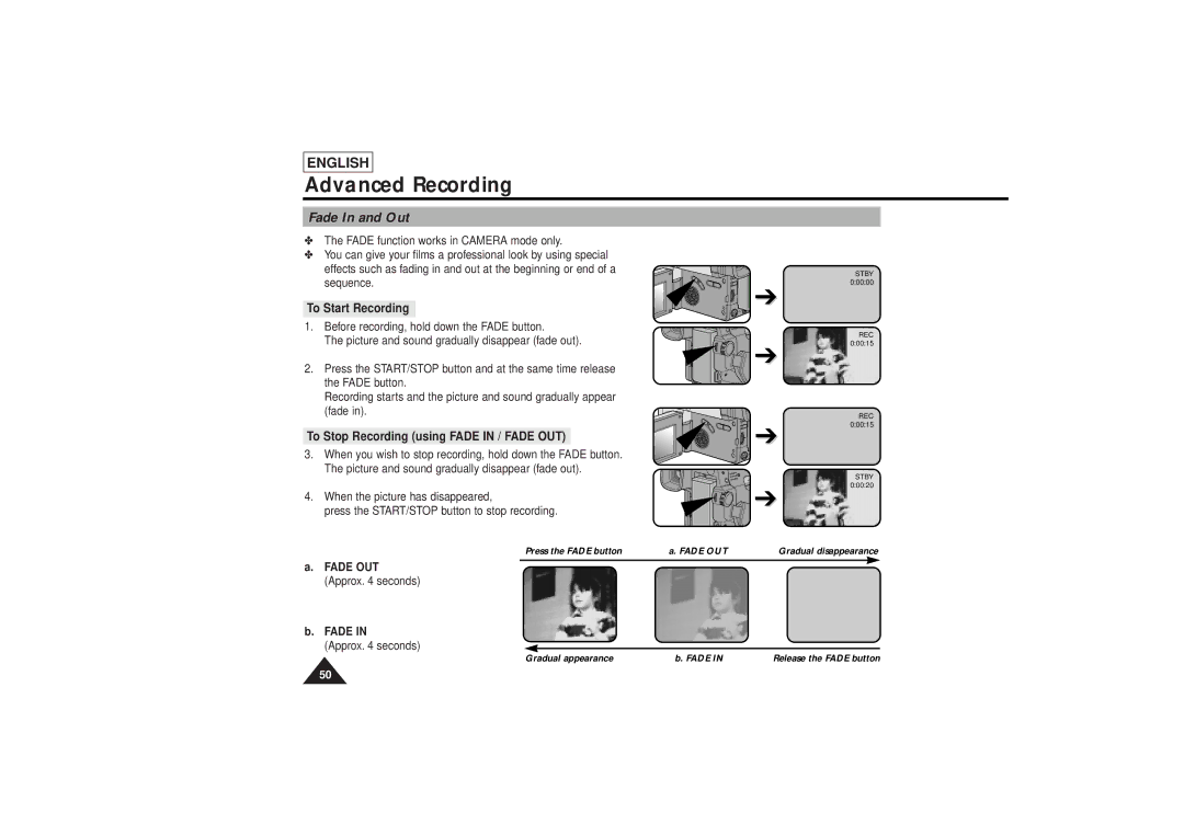 Samsung SCL810 Fade In and Out, To Start Recording, To Stop Recording using Fade in / Fade OUT, Fade OUT Approx seconds 