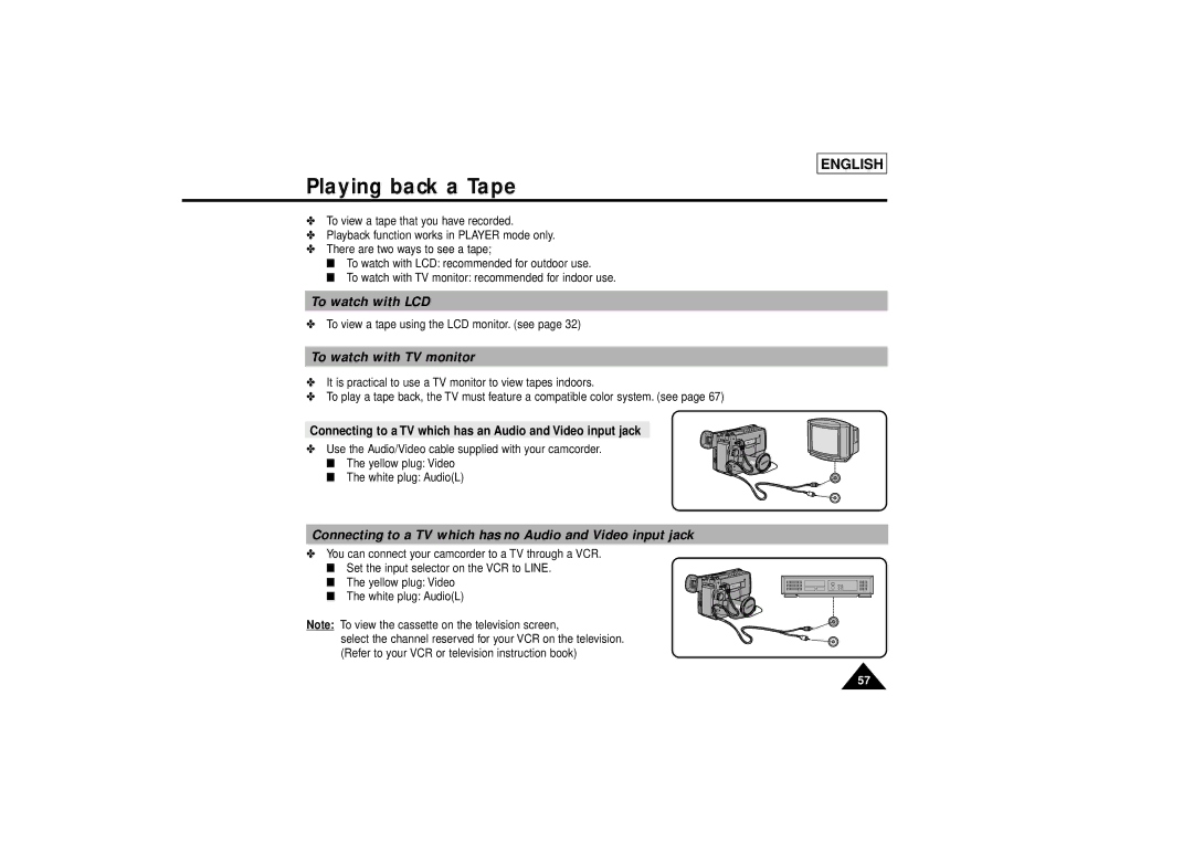 Samsung SCL810 manual Playing back a Tape, To watch with LCD, To watch with TV monitor 