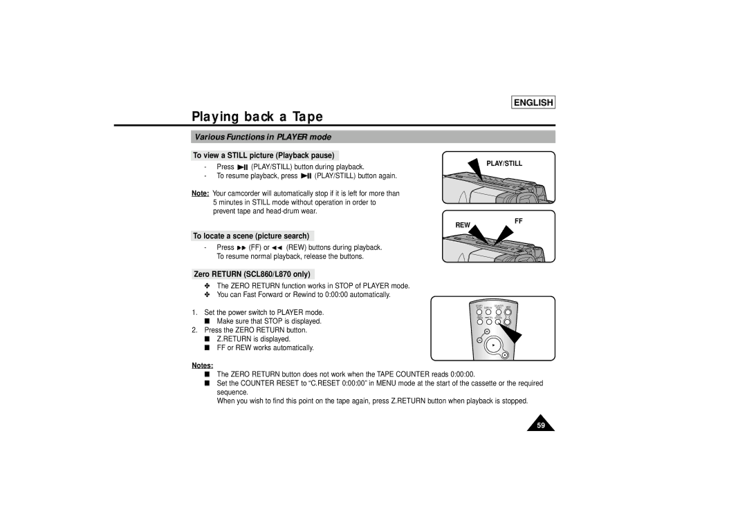 Samsung SCL810 Various Functions in Player mode, To view a Still picture Playback pause, To locate a scene picture search 