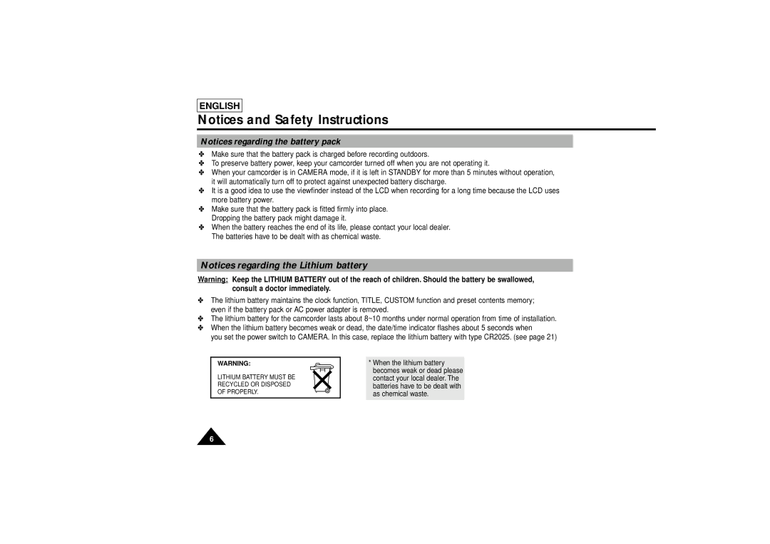 Samsung SCL810 manual Lithium Battery Must be Recycled or Disposed of Properly 