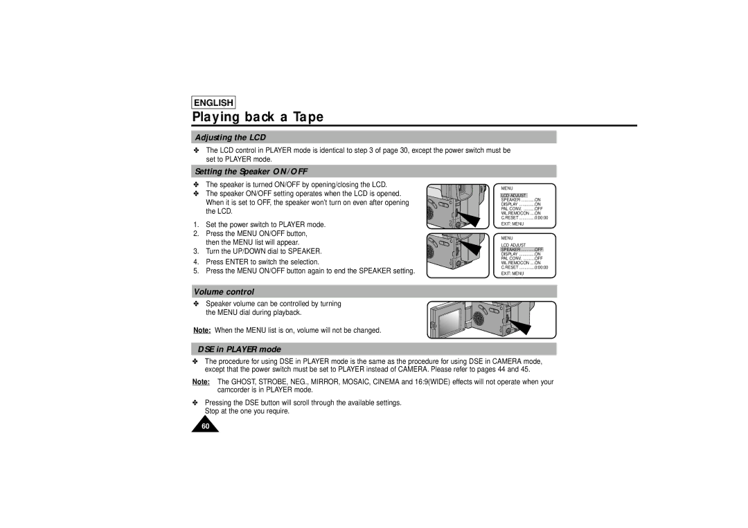 Samsung SCL810 manual Setting the Speaker ON/OFF, Volume control, DSE in Player mode 