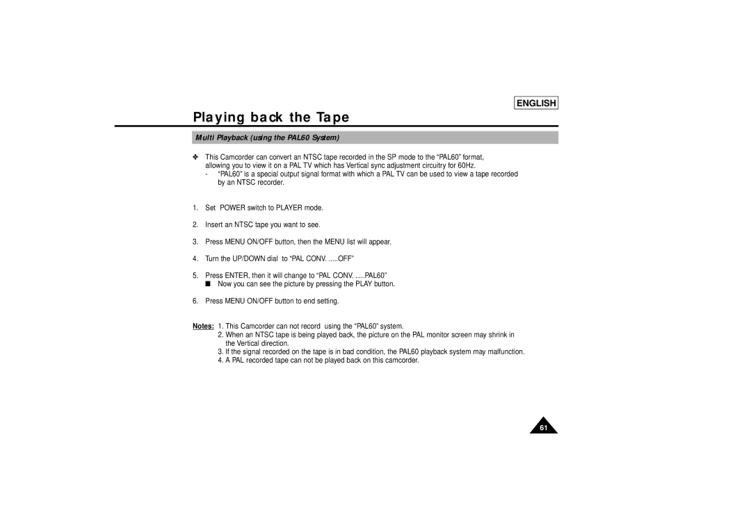 Samsung SCL810 manual Playing back the Tape 