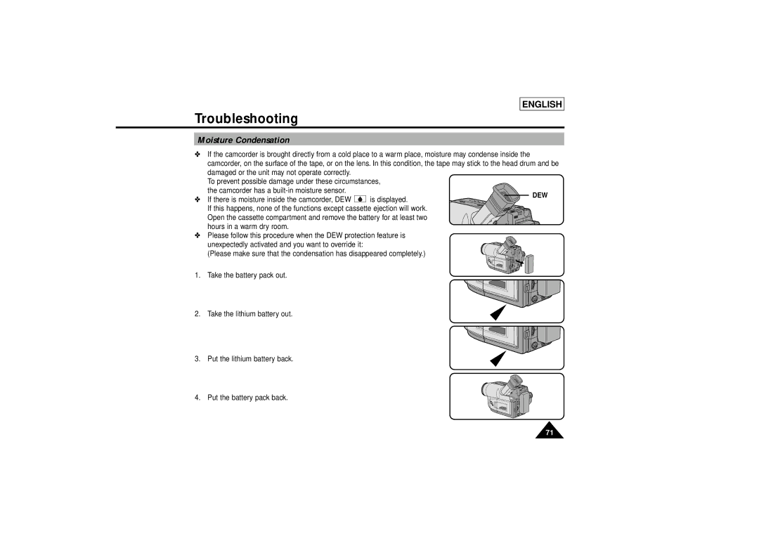 Samsung SCL810 manual Moisture Condensation, Dew 