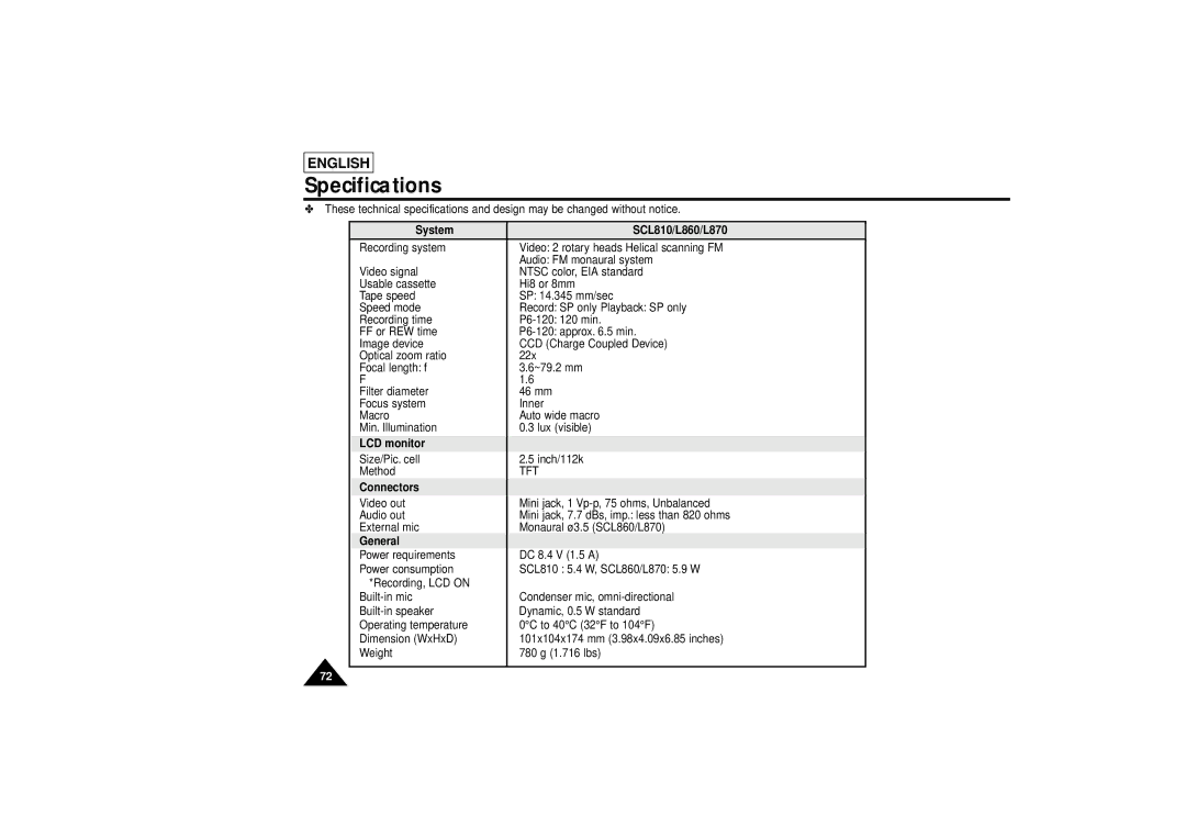 Samsung manual Specifications, System SCL810/L860/L870, LCD monitor, Connectors, General 