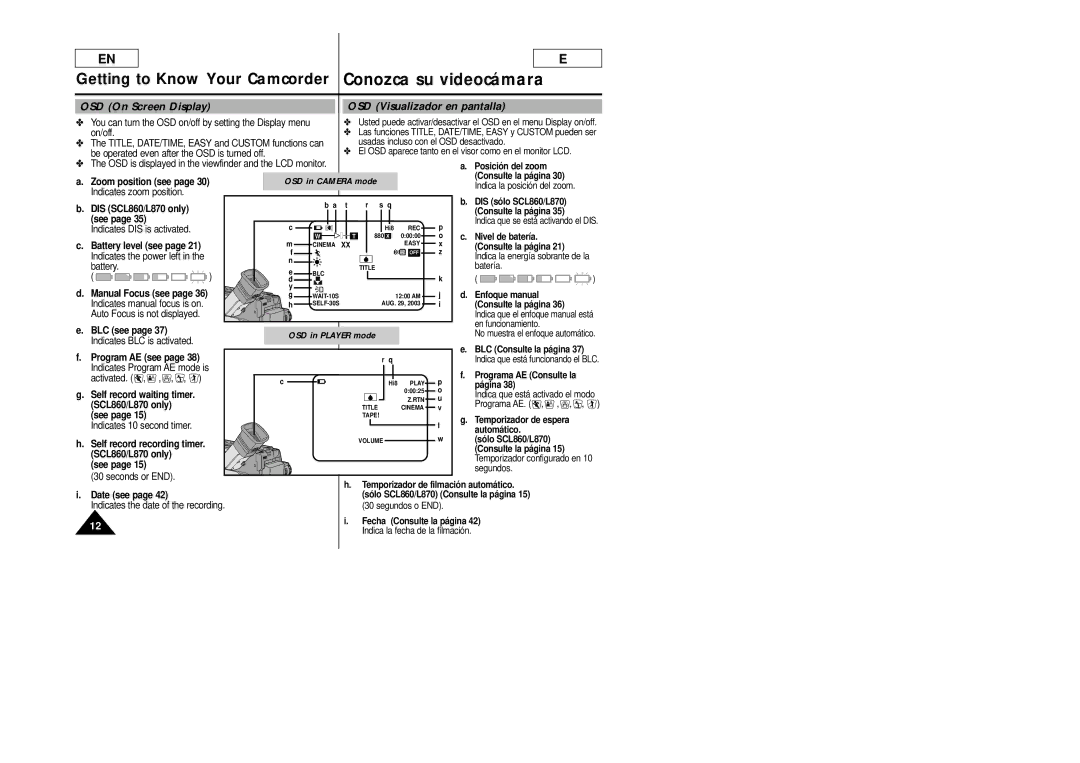 Samsung SCL860, SCL870 manual OSD Visualizador en pantalla 