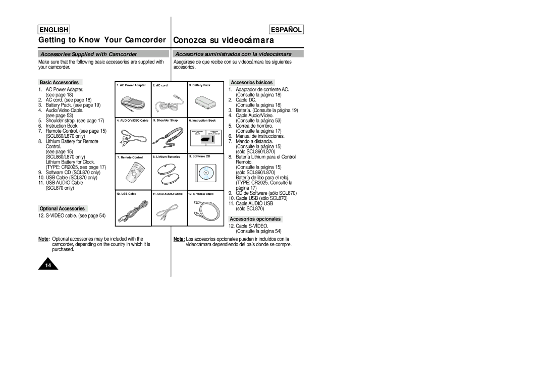 Samsung SCL860, SCL870 Accessories Supplied with Camcorder, Basic Accessories, Optional Accessories, Accesorios básicos 