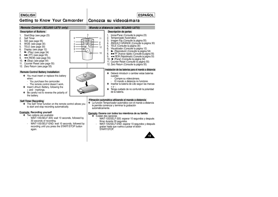 Samsung SCL870 Description of Buttons, Descripción de partas, Remote Control Battery Installation, Self Timer Recording 