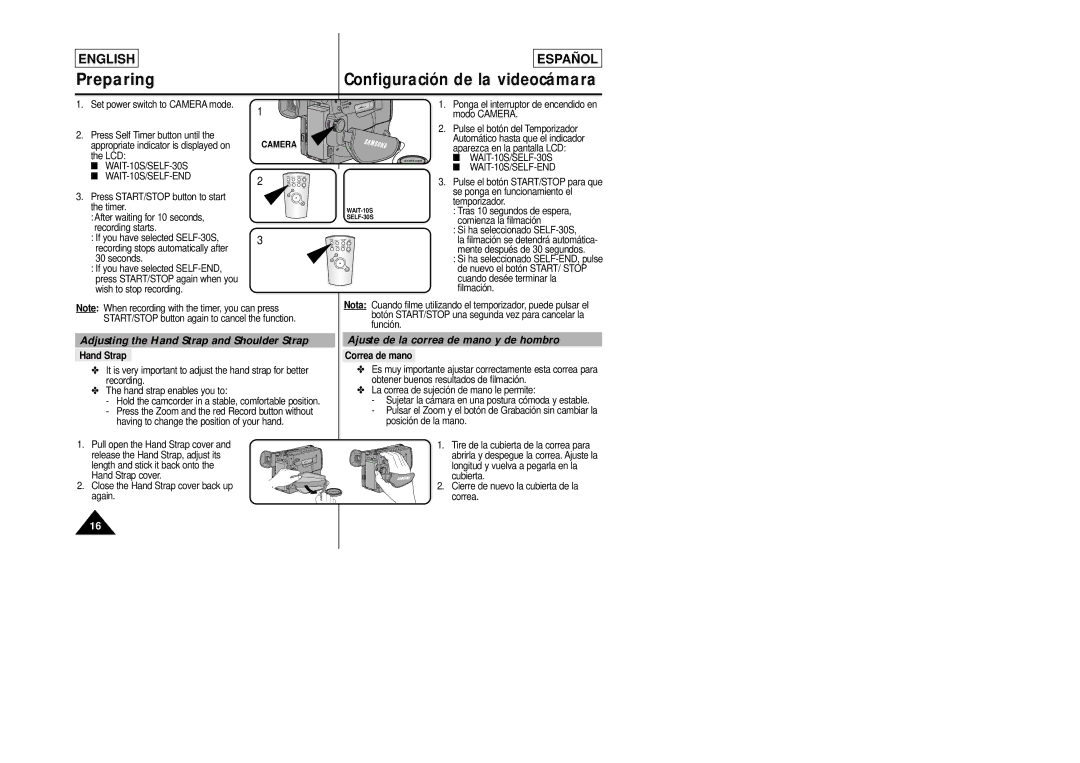 Samsung SCL860 Preparing Configuración de la videocámara, Adjusting the Hand Strap and Shoulder Strap, Correa de mano 