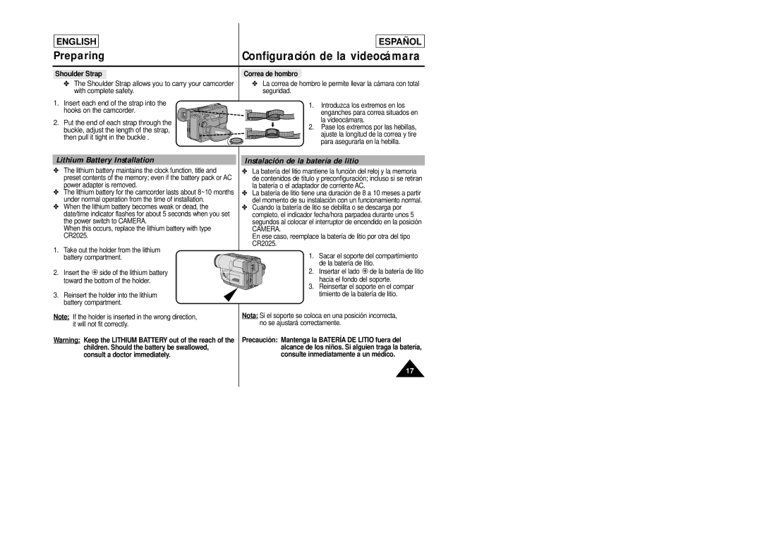 Samsung SCL870, SCL860 manual Lithium Battery Installation, Instalación de la batería de litio, Correa de hombro, Camera 