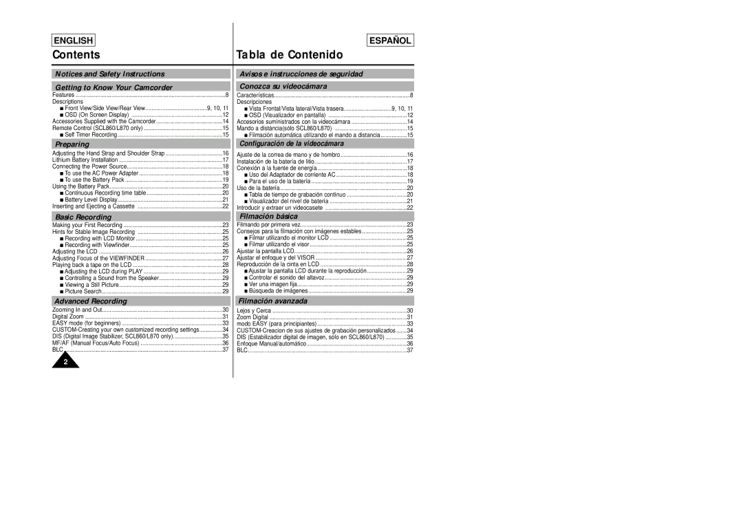 Samsung SCL860, SCL870 manual Contents Tabla de Contenido 