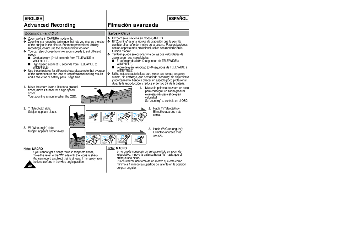 Samsung SCL860, SCL870 manual Advanced Recording Filmación avanzada, Zooming In and Out, Lejos y Cerca, Nota Macro 