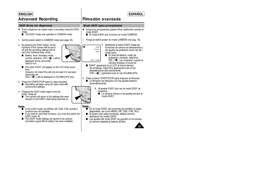 Samsung SCL870, SCL860 manual Easy Mode for Beginners, Modo Easy para principiantes, Battery level, recording mode 