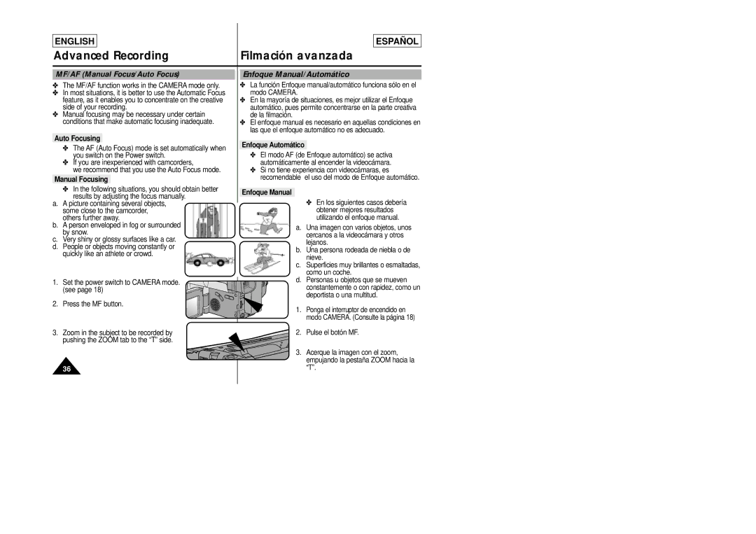 Samsung SCL860, SCL870 MF/AF Manual Focus/Auto Focus, Auto Focusing, Manual Focusing, Enfoque Automático, Enfoque Manual 