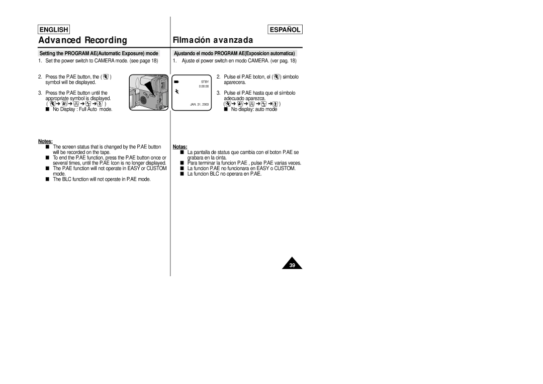 Samsung SCL870 Setting the Program AEAutomatic Exposure mode, No Display Full Auto mode, Appropriate symbol is displayed 