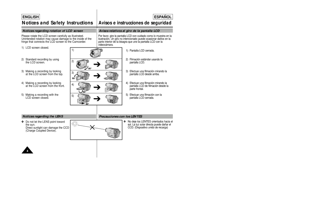 Samsung SCL860, SCL870 manual Avisos relativos al giro de la pantalla LCD, Precauciones con los Lentes 