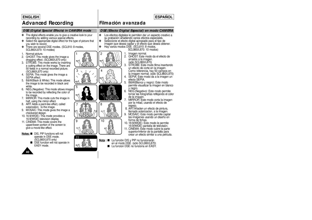 Samsung SCL860, SCL870 manual DSE Digital Special Effects in Camera mode 