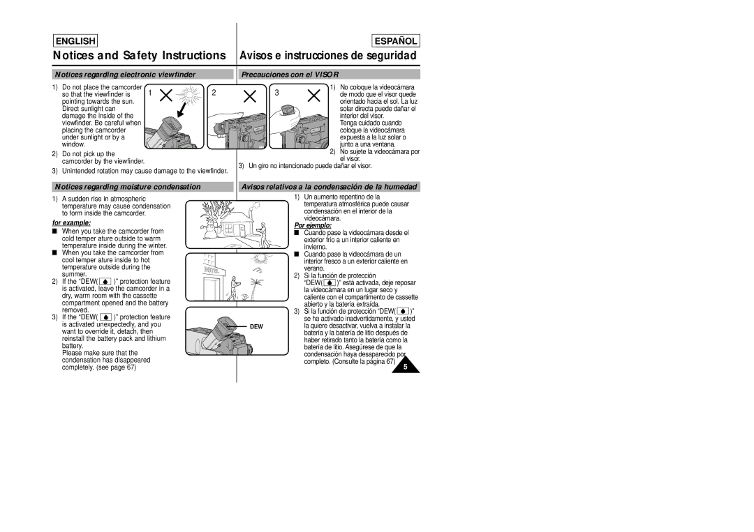 Samsung SCL870, SCL860 manual Precauciones con el Visor, Avisos relativos a la condensación de la humedad, Dew 