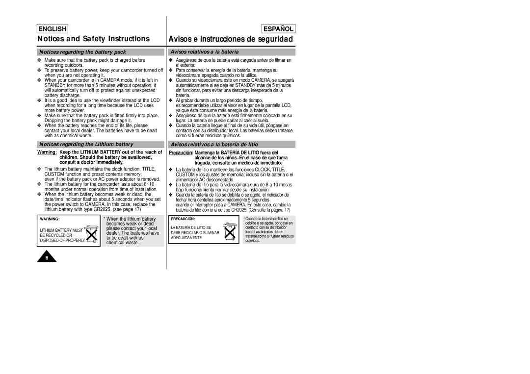 Samsung SCL860, SCL870 manual Avisos relativos a la batería de litio 