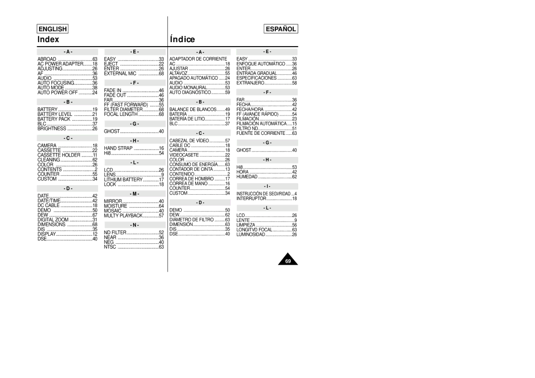 Samsung SCL870, SCL860 manual IndexÍndice 