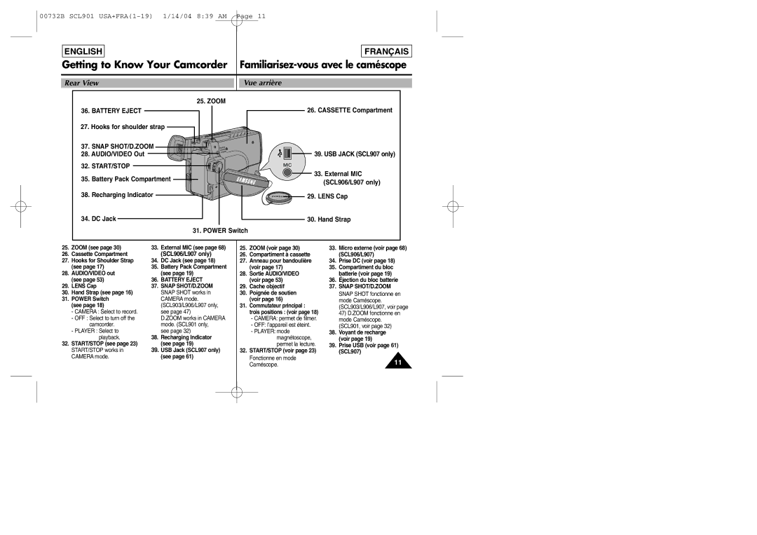 Samsung SCL903 manual Rear View Vue arrière, Battery Eject, Snap SHOT/D.ZOOM, Start/Stop 