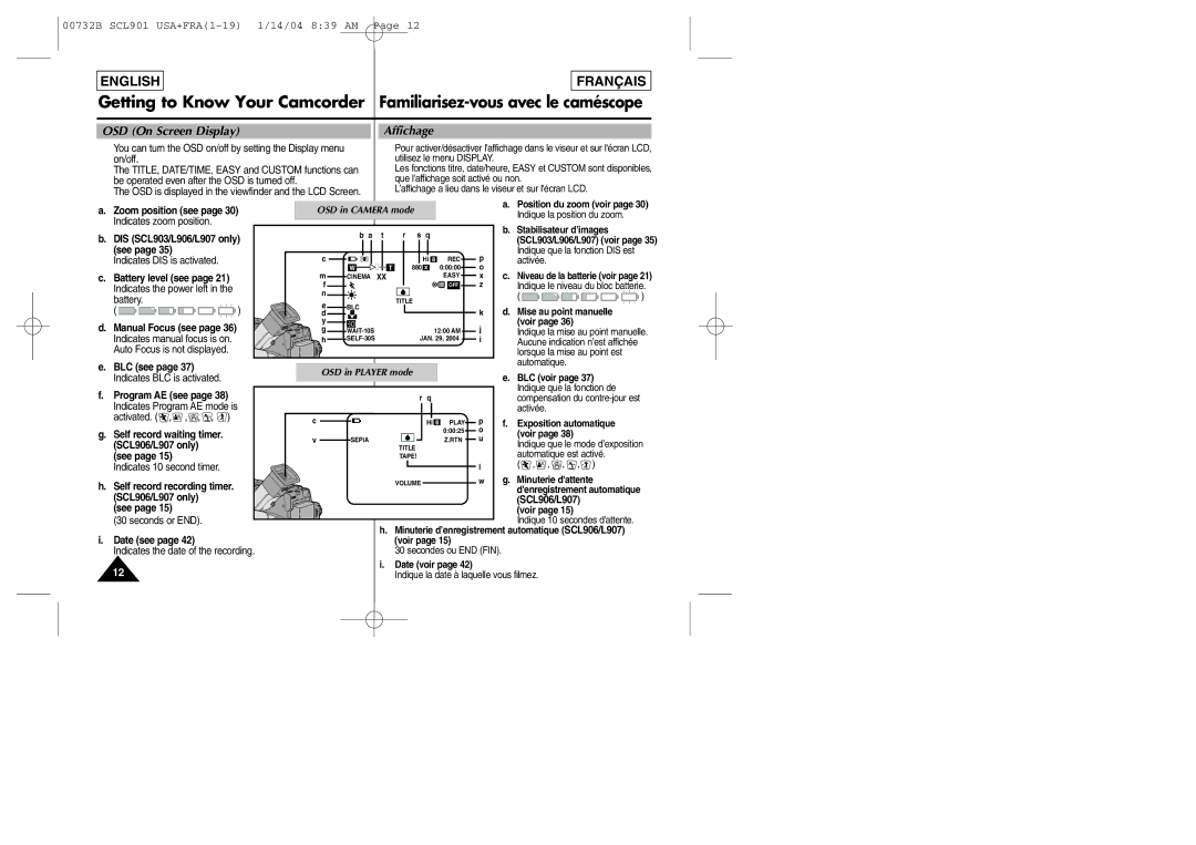 Samsung SCL903 manual OSD On Screen Display Affichage 