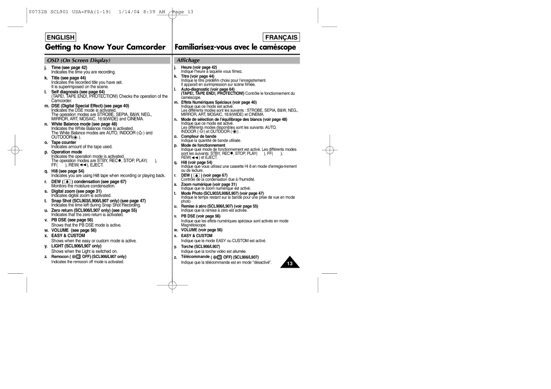 Samsung SCL903 manual OSD On Screen Display Affichage, Dew 