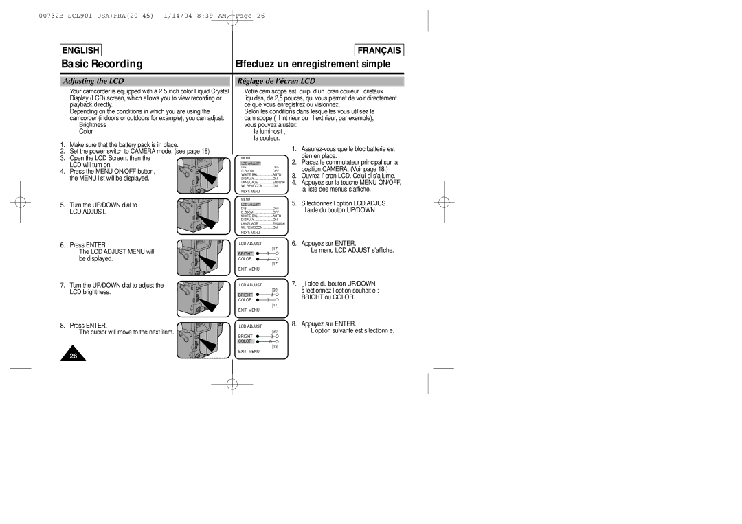 Samsung SCL903 manual Adjusting the LCD Réglage de l’écran LCD, LCD Adjust 