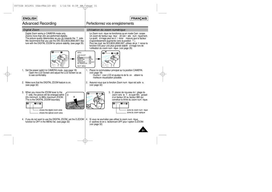 Samsung SCL903 manual Digital Zoom Utilisation du zoom numérique 