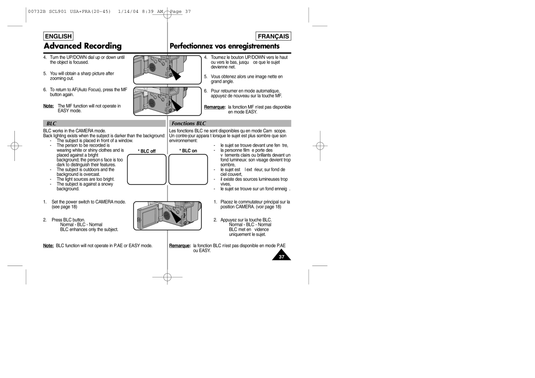 Samsung SCL903 manual Fonctions BLC, BLC off BLC on 