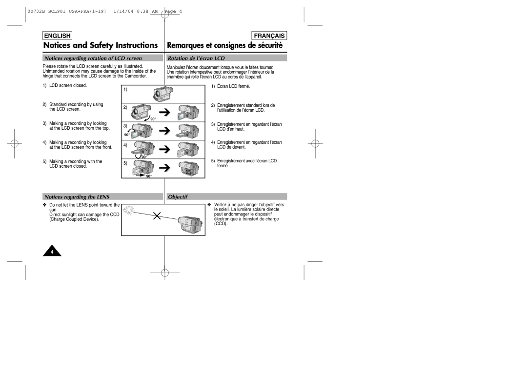 Samsung SCL903 manual Rotation de l’écran LCD, Objectif, Une rotation intempestive peut endommager l’intérieur de la 