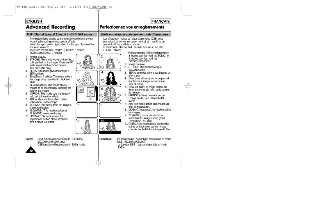 Samsung SCL903 manual DSE Digital Special Effects in Camera mode, Effets numériques spéciaux en mode Caméscope 