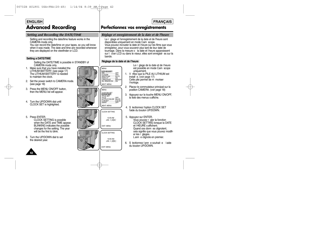 Samsung SCL903 manual Setting and Recording the DATE/TIME, Réglage et enregistrement de la date et de l’heure 