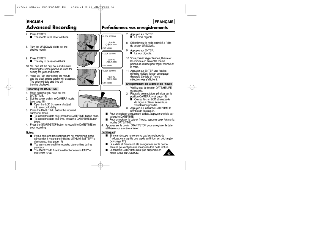 Samsung SCL903 manual Recording the DATE/TIME, Date/Time 