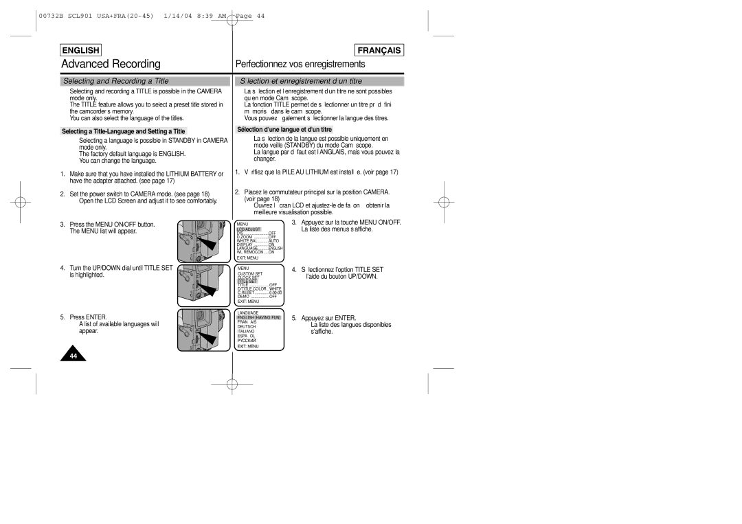 Samsung SCL903 manual Selecting and recording a Title is possible in the Camera, Mode only Qu’en mode Caméscope 