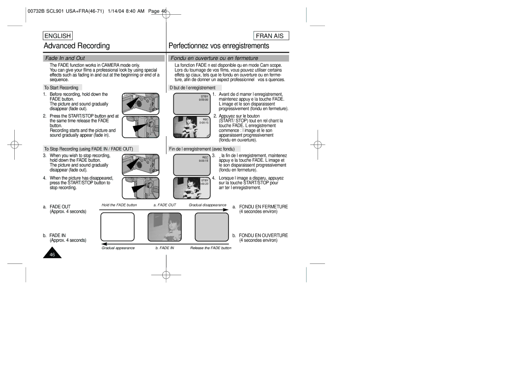 Samsung SCL903 manual Fade In and Out Fondu en ouverture ou en fermeture, To Start Recording Début de l’enregistrement 