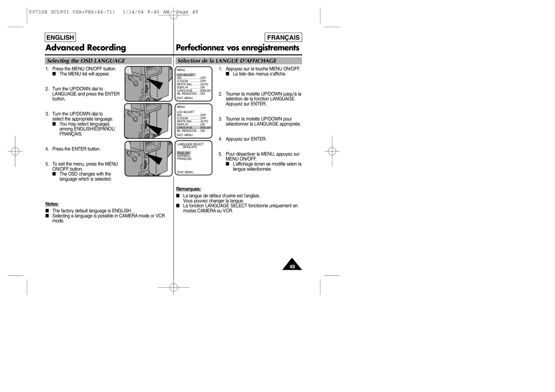 Samsung SCL903 manual Français, Menu ON/OFF 