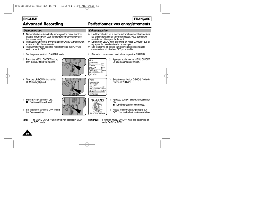 Samsung SCL903 manual Demonstration Démonstration, That are included with your camcorder so that you may use 